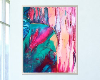 Abstract art print, stretched canvas print from original acrylic painting, modern, bright, bold, turquoise, pink, blue, wall art, decor