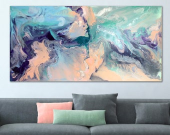 Abstract art print, giclee fine art print from original acrylic painting on stretched canvas. Marble wall art mint aqua peach purple grey