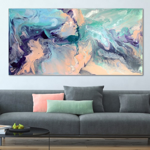 Abstract art print, giclee fine art print from original acrylic painting on stretched canvas. Marble wall art mint aqua peach purple grey