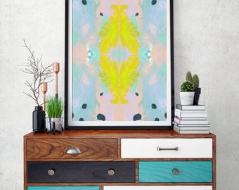 Pastel Art Print, Abstract Wall Art, Pastel Home Decor, Yellow Art Print, Blue, Pink, Aqua, Mint, Spots, Mirrored Art Print