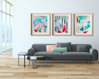 Triptych, Abstract Painting Prints, Set of 3, Trio of Prints, Ocean, Modern Pastel Wall Art, Aqua Blue Pink Purple Peach