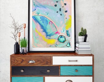 Abstract wall art. Modern Art Print of original acrylic painting. Pastels colours aqua blue pink yellow. Ocean art. Fluid Art. Resin look.