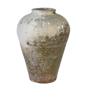 May include: A large, bulbous ceramic jar with a wide mouth and a tapered base. The upper portion features a weathered, off-white finish, while the lower section displays a textured, earthy olive-green glaze with visible signs of age and wear.