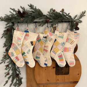 Hand Stitched Vintage Quilt Christmas Stockings Colorful Wedding Ring Quilt