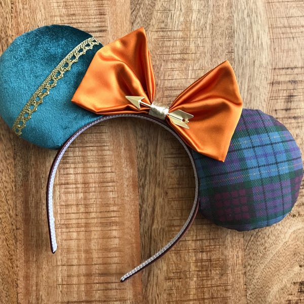 Serre-tête Merida Brave avec oreilles de Mickey et Minnie Mouse pour la princesse DunBroch Scotland Tartan écossais