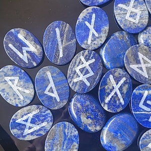 Runes Set, Lapis Lazuli 25pcs, Elder Futhark, Carved Stone