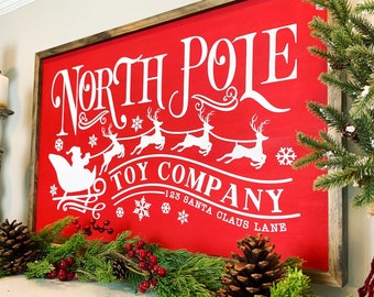 Large Christmas Sign | Red North Pole Sign | Rustic Home Decor | Farmhouse Christmas Sign