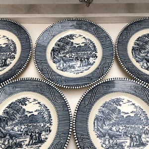 Vintage Ironstone Salad Plate: Blue & White Harvest Scene, Farmhouse China (6 inch)