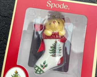 Spode Christmas tree ornament, holiday stocking with gifts, ornament in original packaging