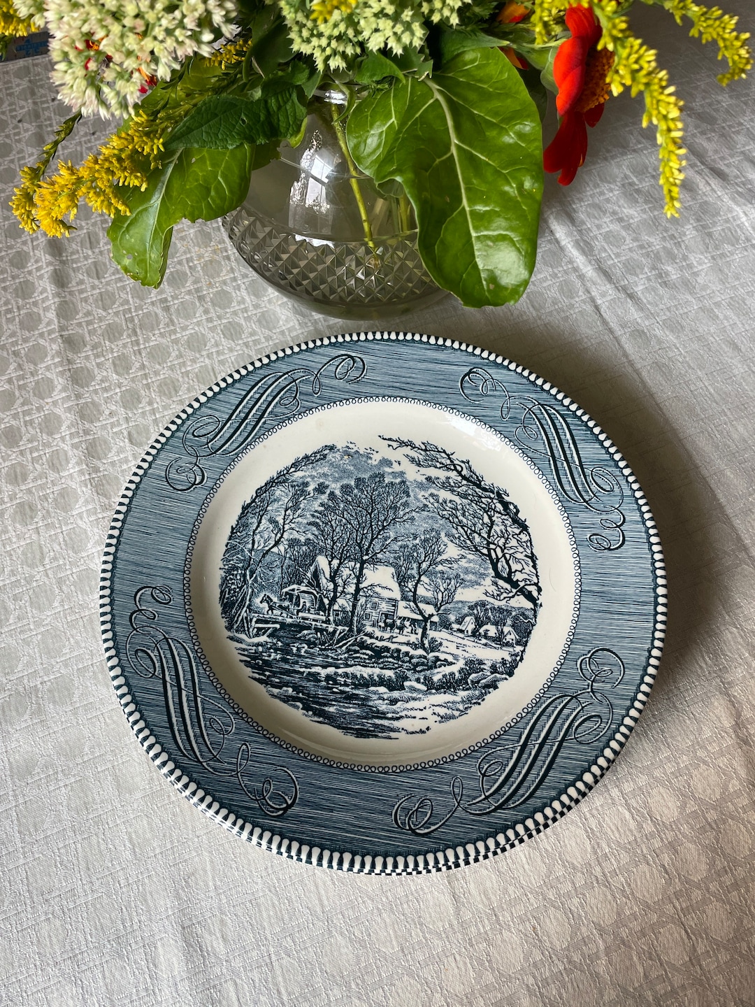 Vintage Ironstone Plate , Currier and Ives Roiled Iron Stone,with Blue on White Farm With Horse