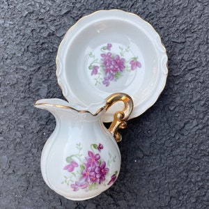 Vintage pitcher and washbasin is great addition to your collection, nightstand decor, features violets, apartment sized