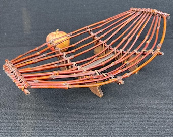 Vintage Rattan Boat Basket with Carved Wood Stand