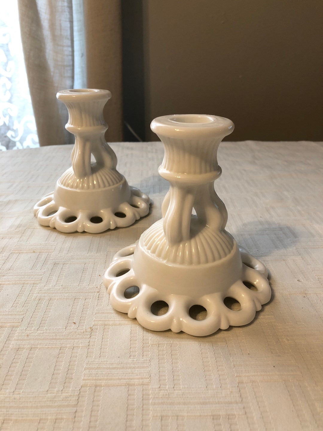 Milk Glass Candle Stick Holder Set of Two Adorable Vintage Etsy