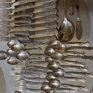 May include: A large collection of silver-toned flatware featuring ornate embossed handles. The set includes multiple dinner forks, knives, soup spoons, teaspoons, and serving utensils, all arranged in a grid pattern with polished metal surfaces.