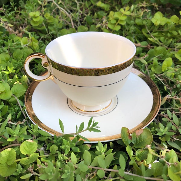 22k Gold Fine China Tea Cup and Saucer, vintage golden jubilee tea cup by TST, made in India, 11501