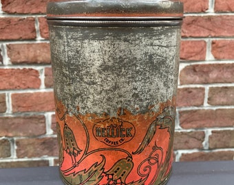 Antique tin, Americana Vintage Hellick coffee company tin canister with rustic patina