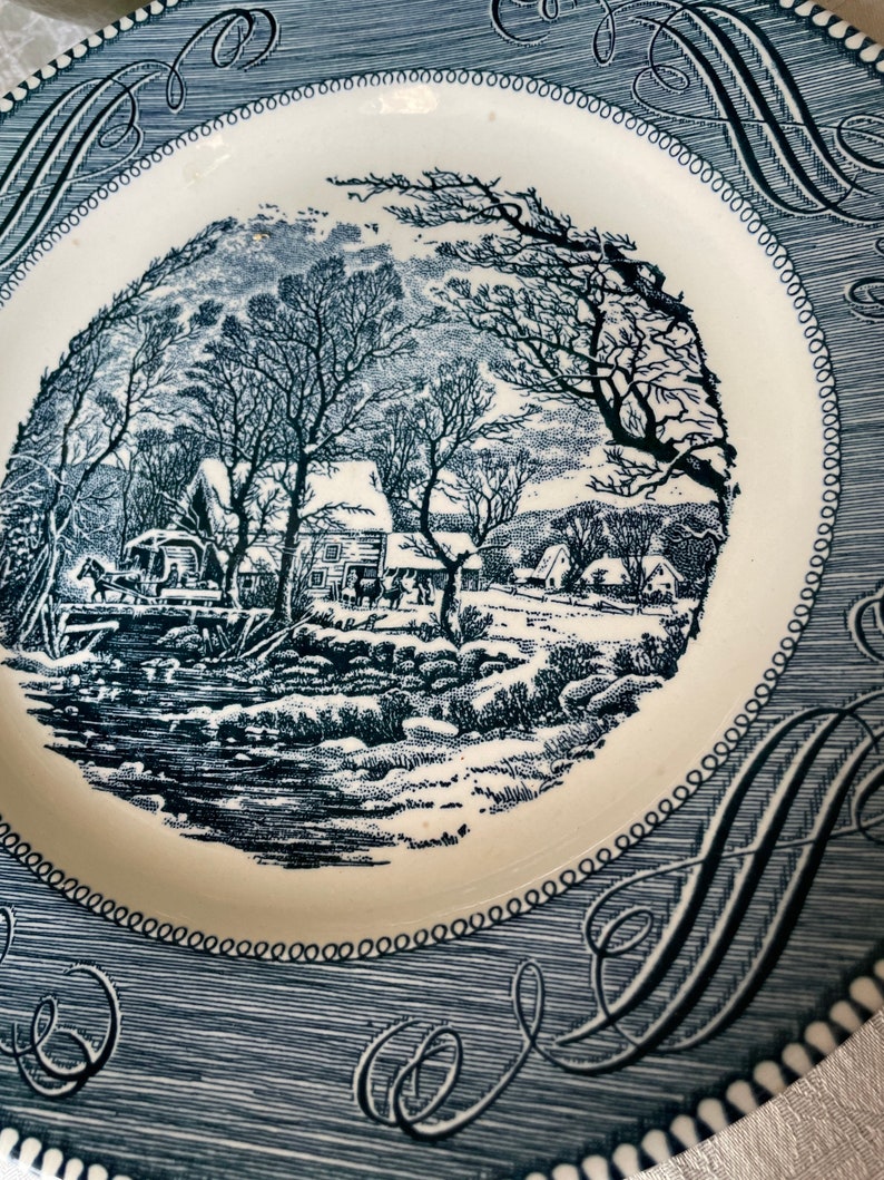 Vintage Ironstone Plate , Currier and Ives Roiled Iron Stone,with Blue on White Farm With Horse