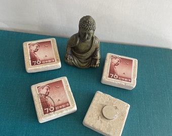 Handmade Tile Magnet BUDDHA vintage postage stamps