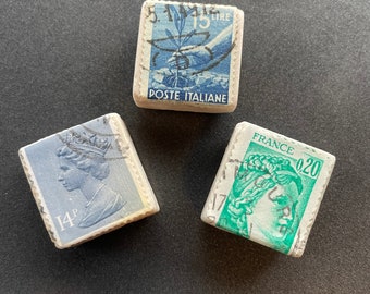 Trio of Handmade Magnets with Vintage Postage Stamps on Tumbled Stone tiles (3)