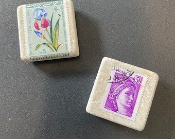 Handmade Tile Magnets with Vintage Postage Stamps France and Flowers (2)