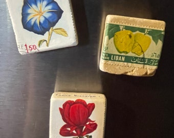 Trio of Handmade Magnets with Vintage Postage Stamps on Tumbled Stone tiles (3)