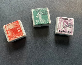 Trio of Handmade Magnets with Vintage Postage Stamps on Tumbled Stone tiles (3)