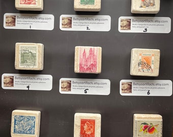 Handmade Magnets with Vintage postage Stamps on Tiles