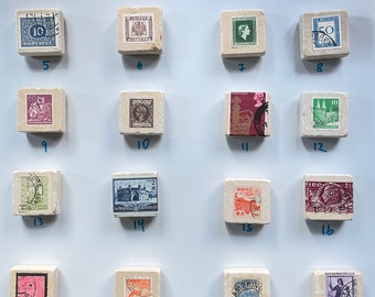 Handmade Magnets with Vintage postage Stamps on Tiles