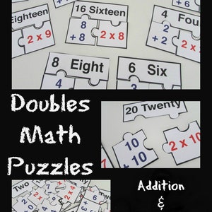 May include: White jigsaw pieces with black outlines and red and blue text. The pieces are labelled with numbers and maths equations. The text includes "Doubles Math Puzzles", "Addition & Multiplication", and "@Teach Beside Me".