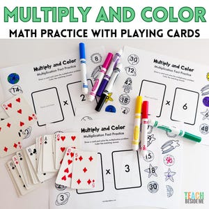 May include: Multiply and Color math practice worksheets with playing cards and colorful markers. The worksheets feature space-themed illustrations, multiplication problems, and designated spaces for playing cards. Markers in blue, pink, purple, black, yellow, red, and green are included.