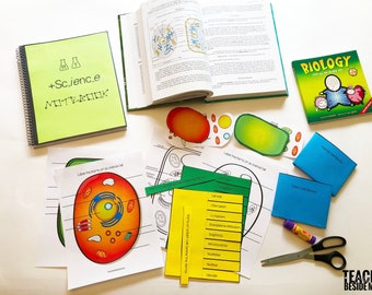 Könnte beinhalten: Ein Tisch in einem naturwissenschaftlichen Klassenzimmer mit verschiedenen Materialien für eine Lektion über tierische Zellen. Die Materialien umfassen ein grünes und gelbes Zelldiagramm, ein Notizbuch mit der Aufschrift "Science Notebook", ein Buch mit dem Titel "Biology" und blaue Umschläge mit der Aufschrift "Animal Cell Structures" und "Plant Cell Structures".