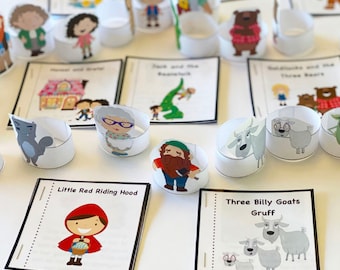 May include: A set of printable activity cards featuring popular children's fairy tales. Each card has a title and an illustration of a character from the story. The cards are designed to be used for educational purposes, such as storytelling, role-playing, or creating a classroom display.