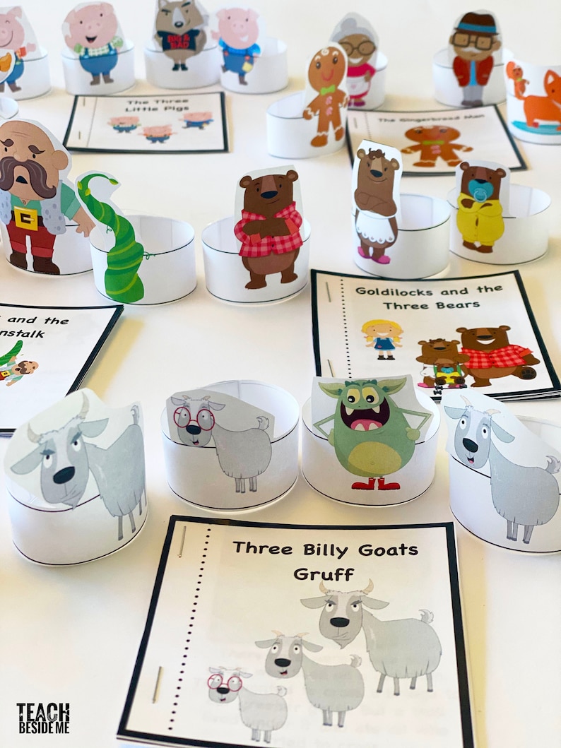 May include: A set of printable finger puppets featuring characters from popular children's stories, including The Three Little Pigs, Goldilocks and the Three Bears, Jack and the Beanstalk, and Three Billy Goats Gruff. The puppets are designed to be cut out and assembled, and they are a fun way for children to learn about these classic tales.
