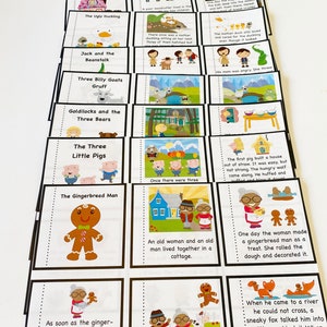 May include: A set of 10 colourful flashcards featuring illustrations and text from classic children's fairy tales, including Little Red Riding Hood, Hansel and Gretel, The Ugly Duckling, Jack and the Beanstalk, Three Billy Goats Gruff, Goldilocks and the Three Bears, The Three Little Pigs, and The Gingerbread Man.