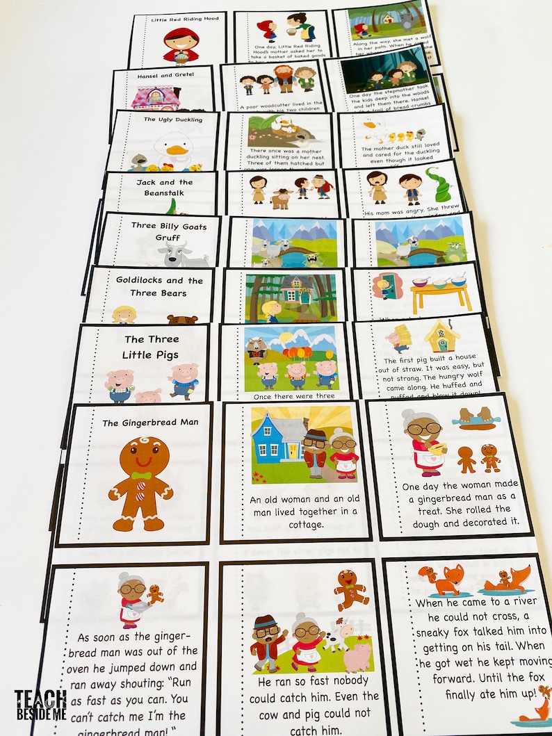 May include: A set of 10 colourful flashcards featuring illustrations and text from classic children's fairy tales, including Little Red Riding Hood, Hansel and Gretel, The Ugly Duckling, Jack and the Beanstalk, Three Billy Goats Gruff, Goldilocks and the Three Bears, The Three Little Pigs, and The Gingerbread Man.