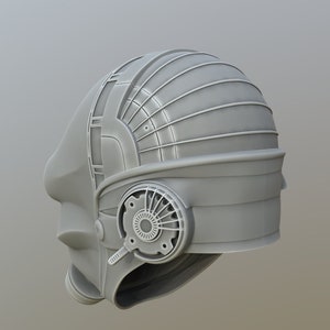 May include: A gray, futuristic helmet with a detailed design and a fan-like vent on the side.