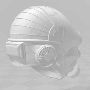 May include: A white futuristic helmet with a visor and a fan on the side.