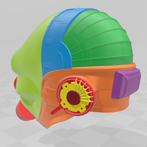 May include: A 3D printed model of a helmet with a green, blue, orange, yellow, and purple color scheme. The helmet has a variety of details, including a fan-like design on the side.