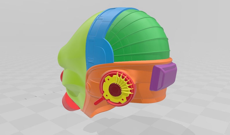 May include: A 3D printed model of a helmet with a green, blue, orange, yellow, and purple color scheme. The helmet has a variety of details, including a fan-like design on the side.