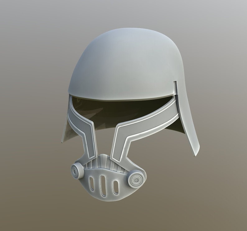 May include: A gray helmet with a visor and a face mask. The helmet has a smooth, rounded top and a pointed chin guard. The face mask has a series of vertical bars and two circular openings on either side.