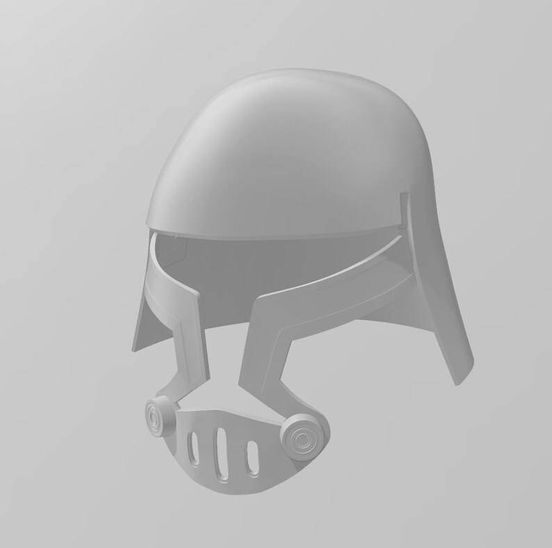 May include: A white plastic helmet with a visor and a face mask. The helmet has a rounded top and a pointed chin guard.