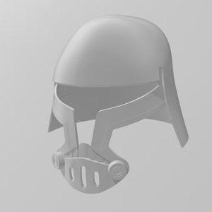 May include: A white helmet with a face mask. The helmet has a rounded top and a pointed chin guard. The face mask has a metal grill and two round openings on the sides.