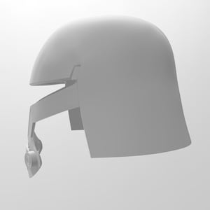 May include: A white helmet with a visor and a chin strap. The helmet has a futuristic design.