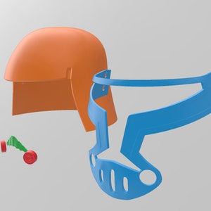 May include: A 3D printed helmet model in three parts. The helmet is orange and blue. The helmet is made up of a dome, a face mask, and a brow piece.
