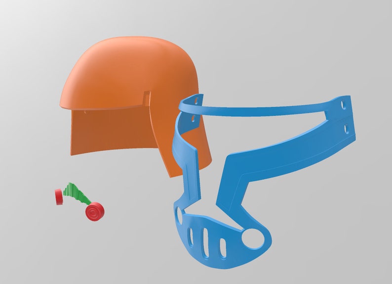 May include: A 3D printed helmet model in three parts. The helmet is orange and blue. The helmet is made up of a dome, a face mask, and a brow piece.