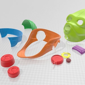 May include: A set of 3D printed parts for a costume, including a green mask, orange headpiece, blue and green pieces, and red and yellow buttons.