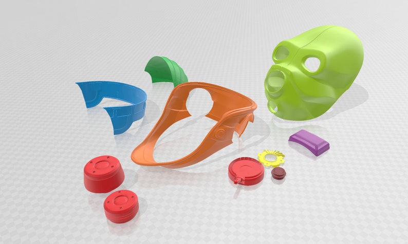 May include: A set of 3D printed parts for a costume, including a green mask, orange headpiece, blue and green pieces, and red and yellow buttons.