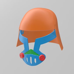 May include: A 3D printed helmet with an orange top, blue face guard, and red accents. The helmet is designed with a face mask and a visor.