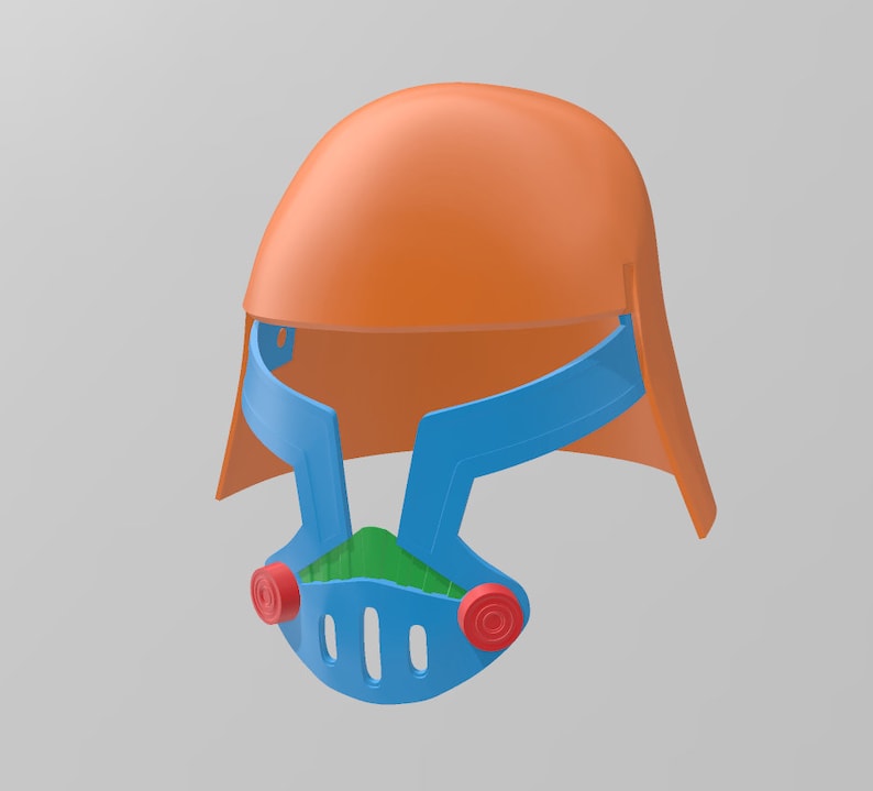 May include: A 3D printed helmet with an orange top, blue face guard, and red accents. The helmet is designed with a face mask and a visor.