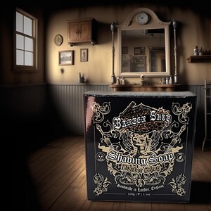 Può includere: Una scatola nera di sapone da barba con lettere dorate che recitano "Barber Shop Shaving Soap Barber Shop Handmade in London, England 100g (e) 3.5oz".